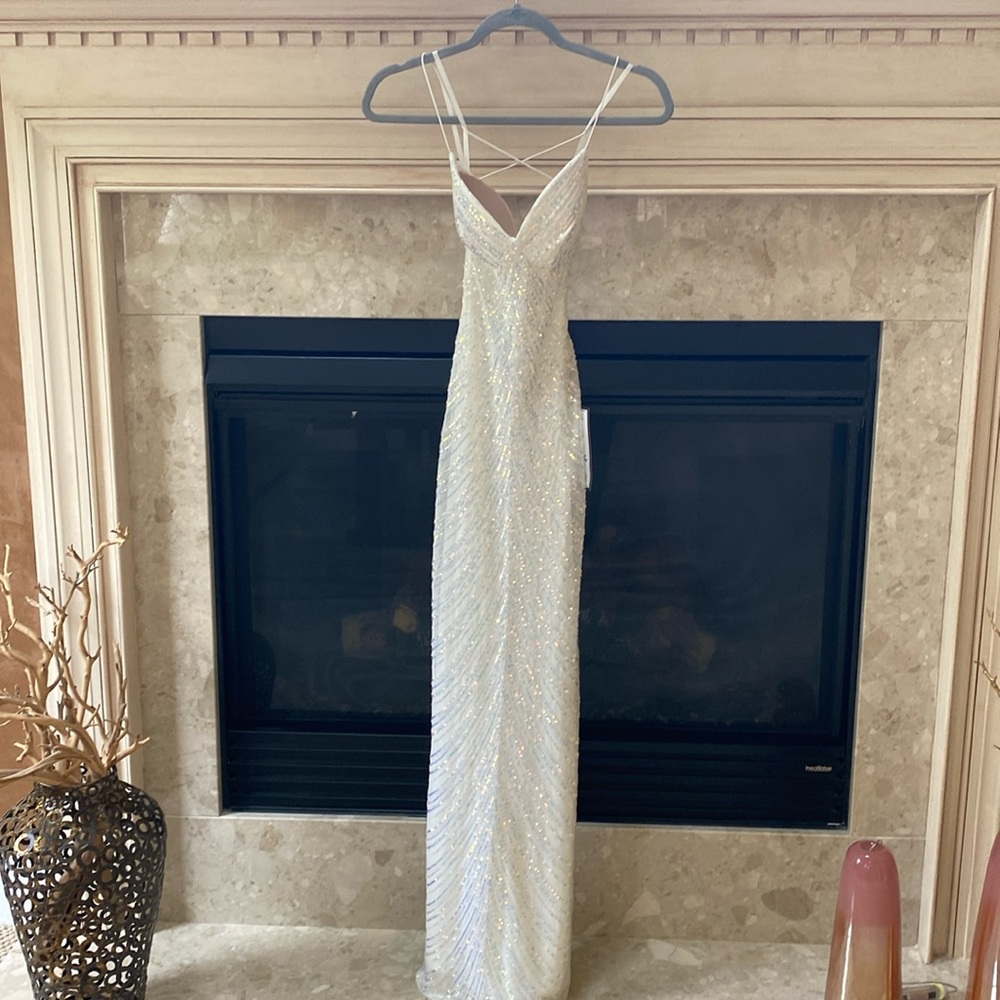 B Darlin White Sequin Maxi Gown with Crisscross Straps